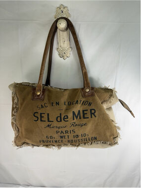 Myra Bags Sel De Mer Canvas Hand Bag Upcycled Canvas & Cowhide Tote Bag